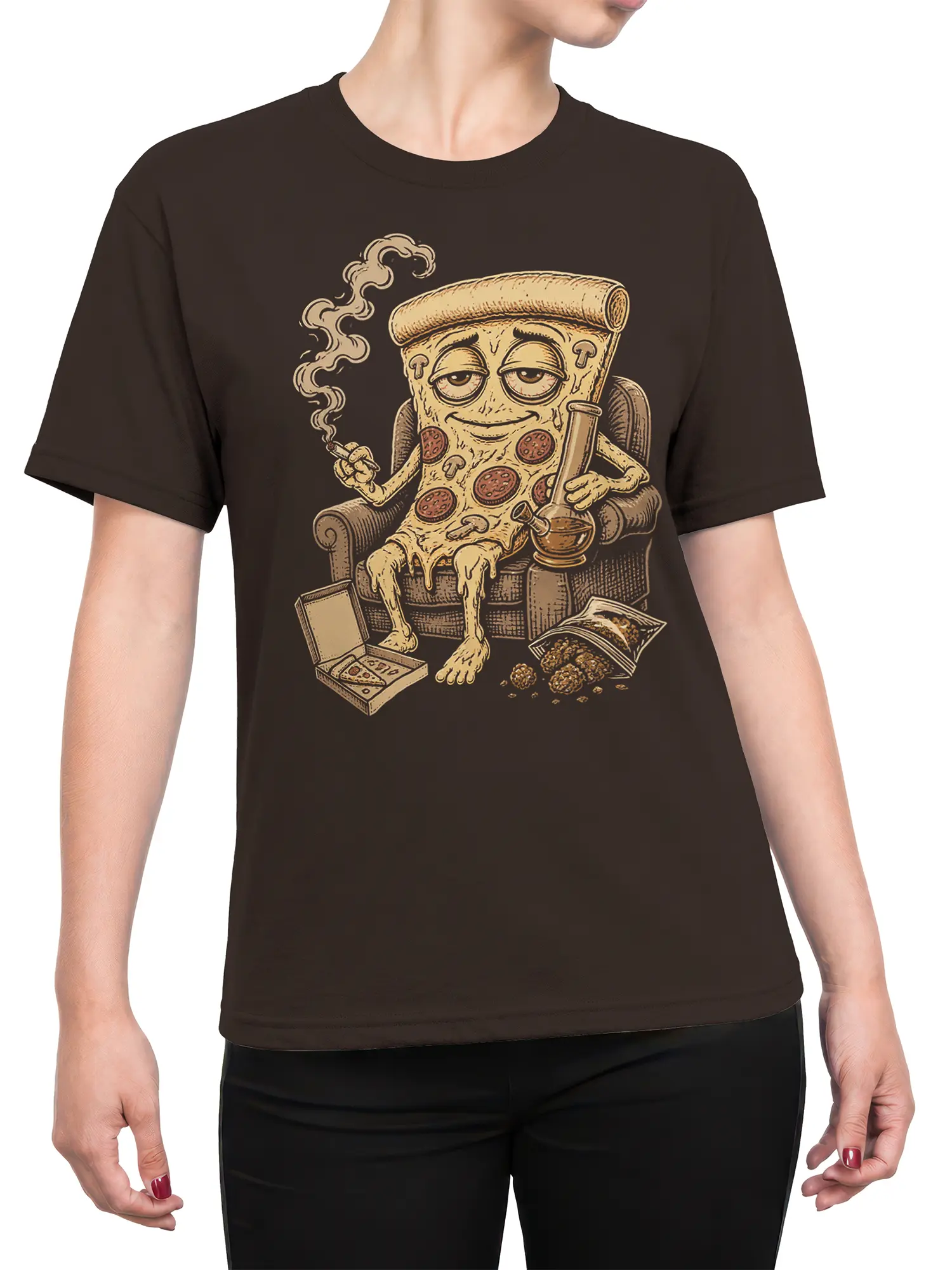 Female torso wearing a brown pizza T-shirt with a lounging slice, pizza box, smoking pipe, and vintage food artwork
