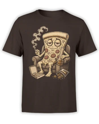 Brown T-shirt with a relaxed anthropomorphic pizza slice lounging in an armchair with smoking accessories