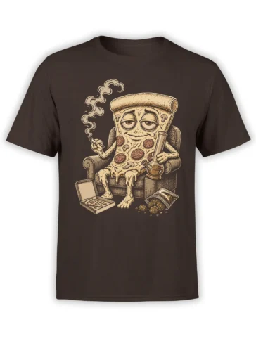 Brown T-shirt with a relaxed anthropomorphic pizza slice lounging in an armchair with smoking accessories