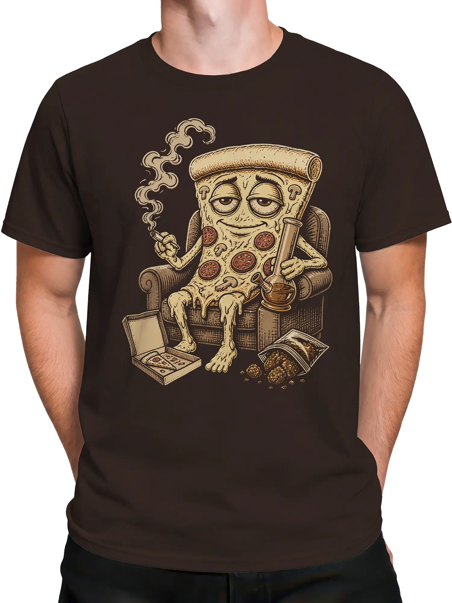 Male torso wearing a brown pizza T-shirt with a relaxed slice in an armchair and vintage cartoon details