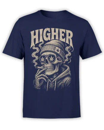 Higher smoking skeleton graphic with cannabis sunglasses and beanie on a navy T-shirt