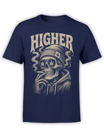Higher smoking skeleton graphic with cannabis sunglasses and beanie on a navy T-shirt