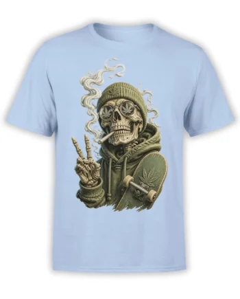 Light blue T-shirt featuring a skeleton in sunglasses and beanie with a joint, smoke, cannabis leaves, and skateboard