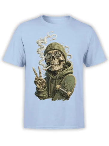 Light blue T-shirt featuring a skeleton in sunglasses and beanie with a joint, smoke, cannabis leaves, and skateboard