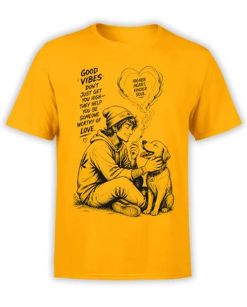 Yellow dog T-shirt with a young man, happy dog, heart-shaped cloud, and good vibes message in vintage black artwork