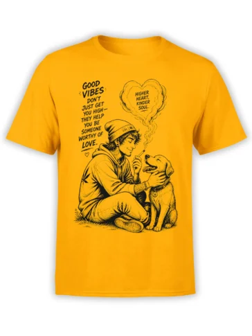 Yellow dog T-shirt with a young man, happy dog, heart-shaped cloud, and good vibes message in vintage black artwork