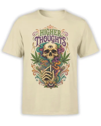 Beige T-shirt with colorful higher thoughts skull, third eye, lotus flowers, cannabis leaves, and skeleton hand