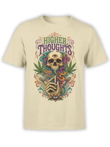 Beige T-shirt with colorful higher thoughts skull, third eye, lotus flowers, cannabis leaves, and skeleton hand