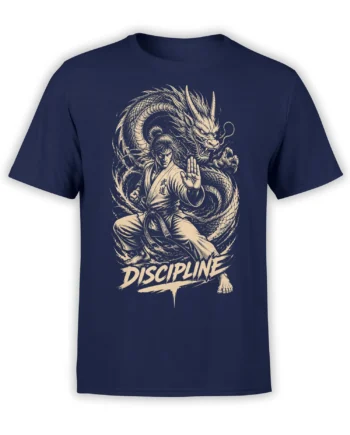Dragon warrior t-shirt in navy with a martial artist, coiling dragon, and bold “DISCIPLINE” lettering