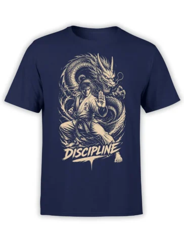 Dragon warrior t-shirt in navy with a martial artist, coiling dragon, and bold “DISCIPLINE” lettering