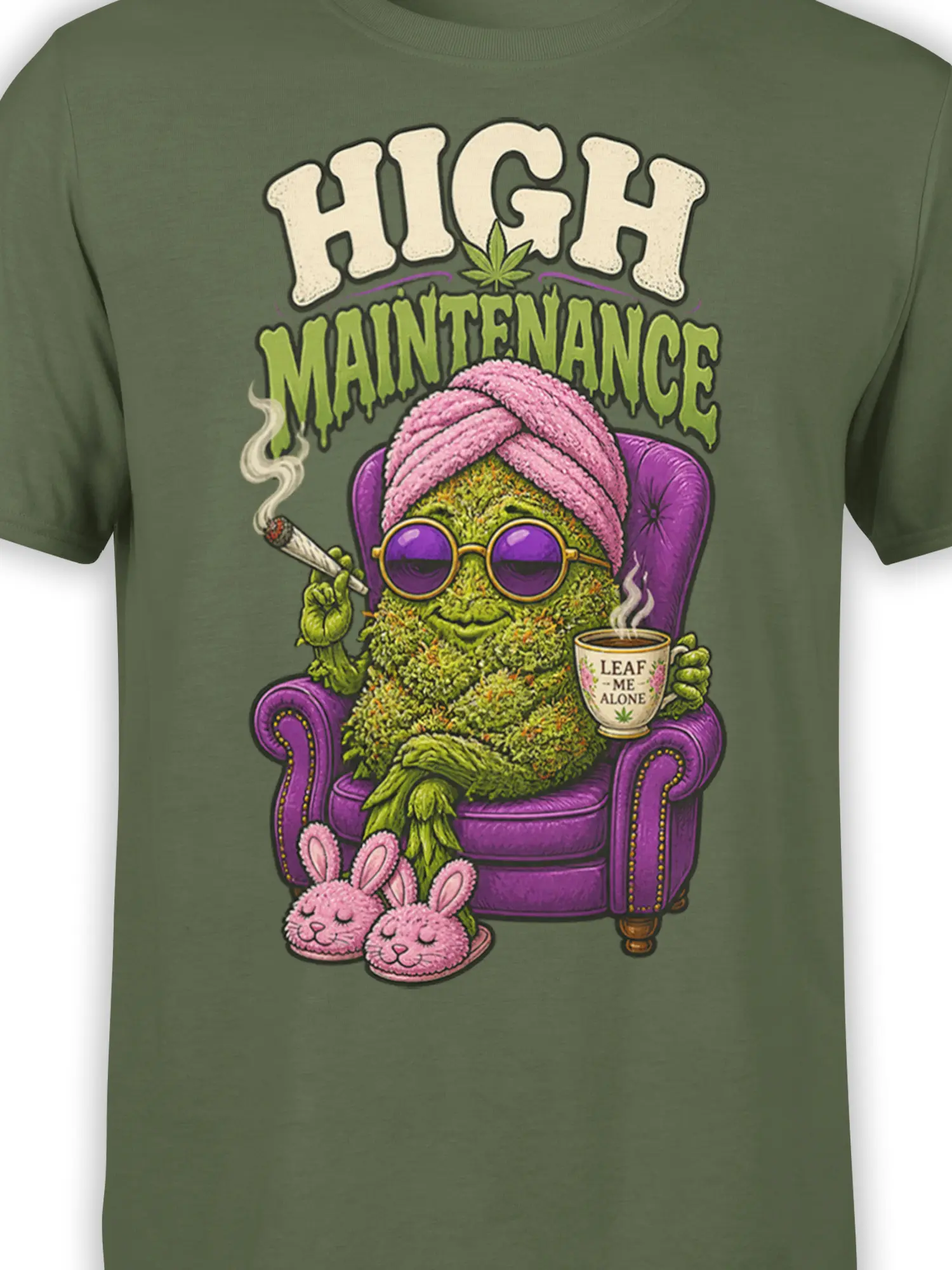 Close-up of leafy cannabis character wearing purple sunglasses beneath the “High Maintenance” lettering