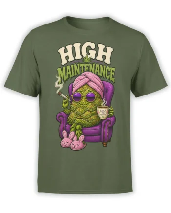 Olive cannabis T-shirt with leafy character, purple sunglasses, pink head wrap, and “High Maintenance” artwork