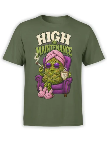 Olive cannabis T-shirt with leafy character, purple sunglasses, pink head wrap, and “High Maintenance” artwork