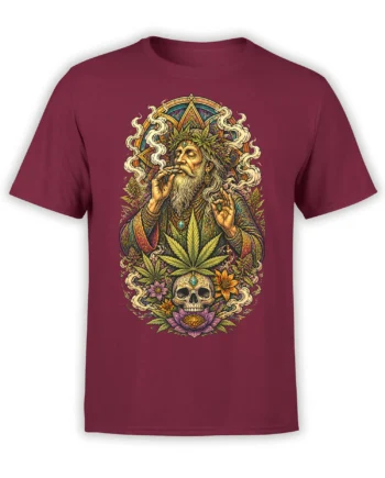 Mystical cannabis artwork with a bearded figure, smoke, flowers, and skull on a burgundy T-shirt