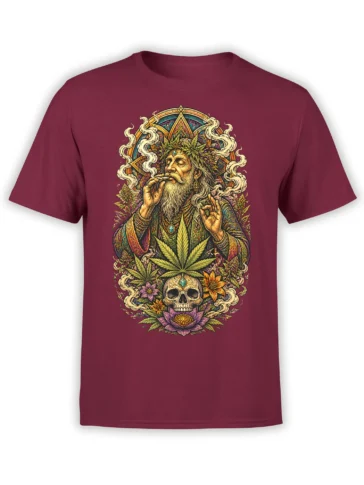 Mystical cannabis artwork with a bearded figure, smoke, flowers, and skull on a burgundy T-shirt