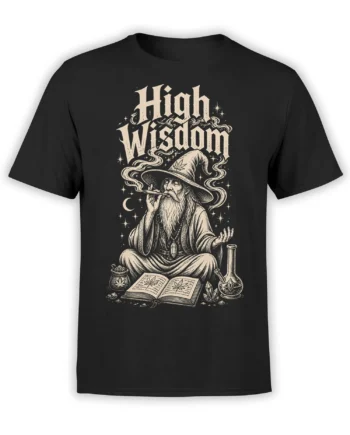Black wizard t-shirt featuring High Wisdom lettering, crystals, smoke, crescent moon, and an open mystical book