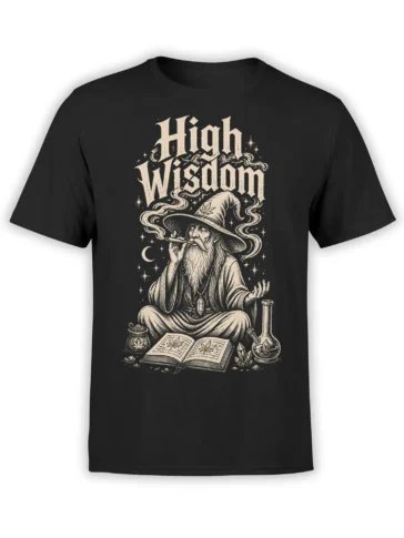 Black wizard t-shirt featuring High Wisdom lettering, crystals, smoke, crescent moon, and an open mystical book