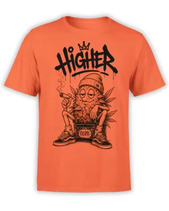 Orange cannabis t-shirt with crowned leafy character, joint, sneakers, and bold dripping HIGHER lettering