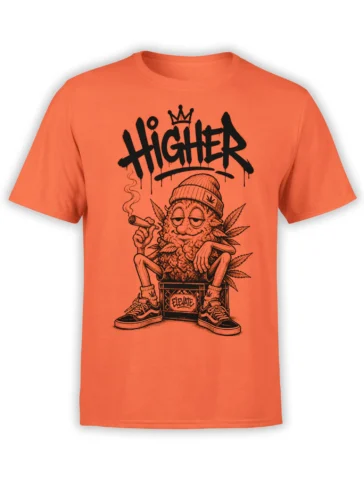Orange cannabis t-shirt with crowned leafy character, joint, sneakers, and bold dripping HIGHER lettering