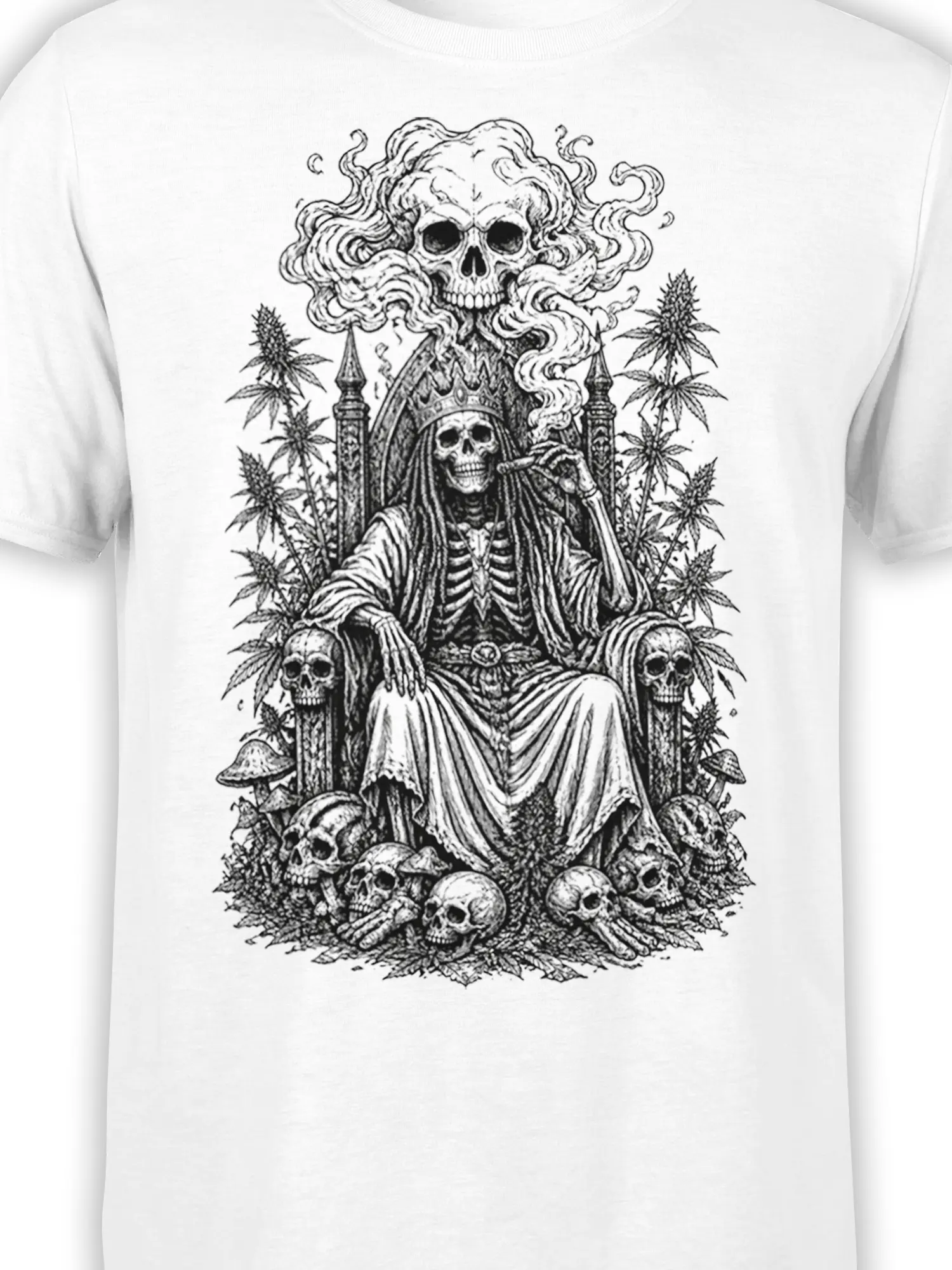 Close-up of the white shirt design showing a crowned skeleton, large skull, throne details, bones, mushrooms, and leafy botanical shapes