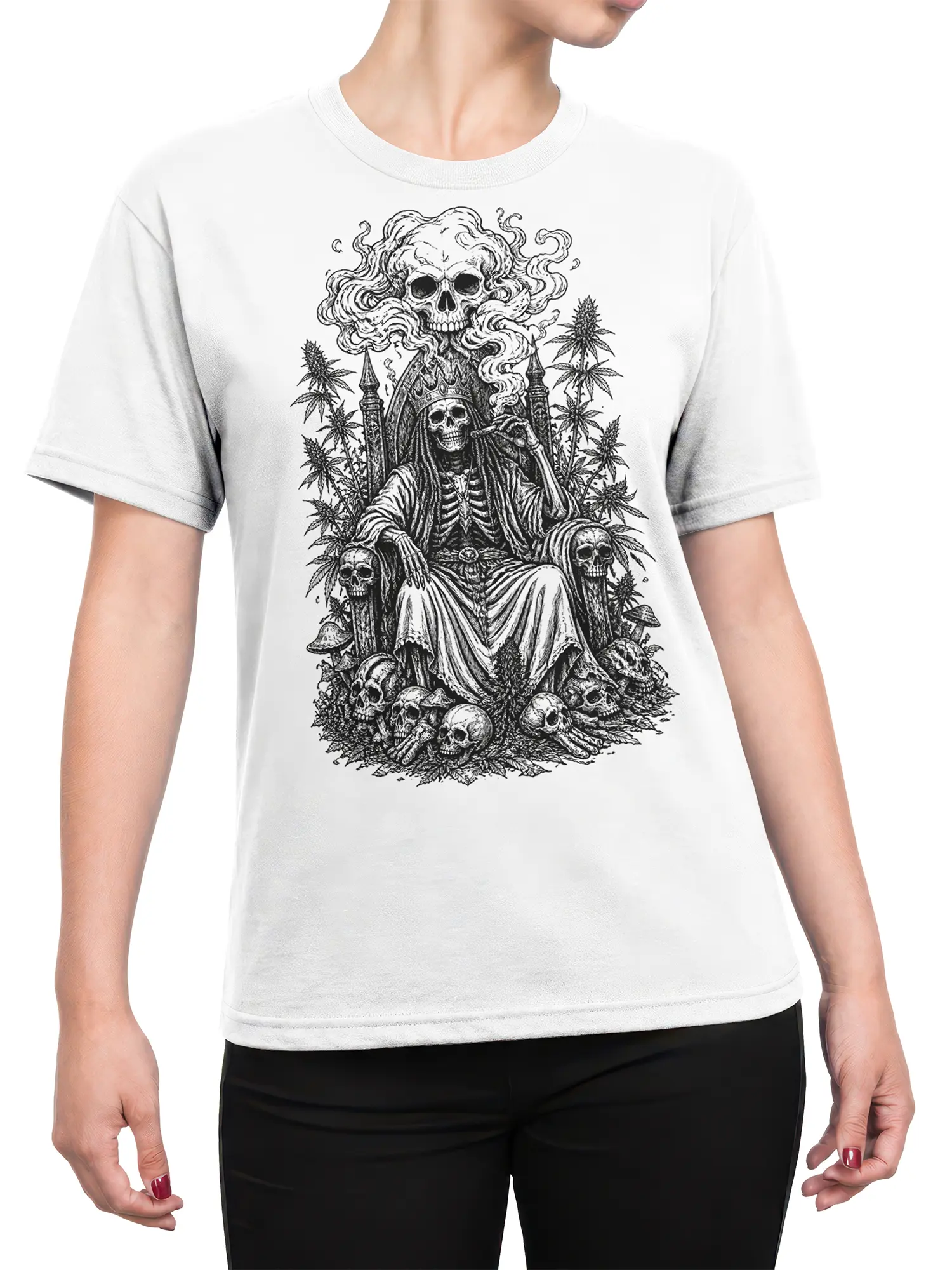Female torso wearing a white skull T-shirt with a seated skeleton throne design surrounded by bones, mushrooms, and botanical leaves