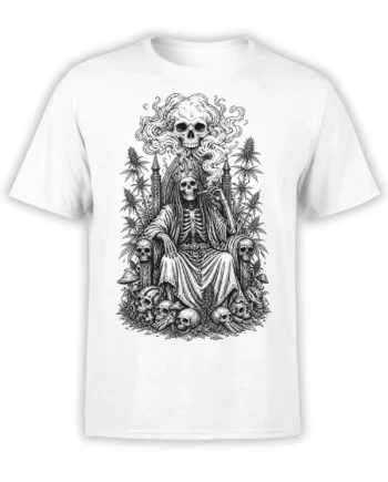 White T-shirt with a gothic skeleton king seated on a throne among skulls, bones, mushrooms, and botanical leaves