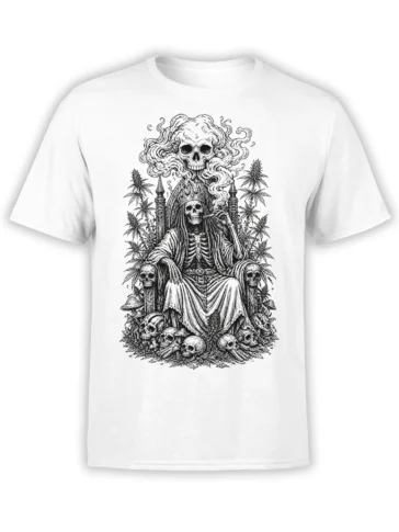 White T-shirt with a gothic skeleton king seated on a throne among skulls, bones, mushrooms, and botanical leaves