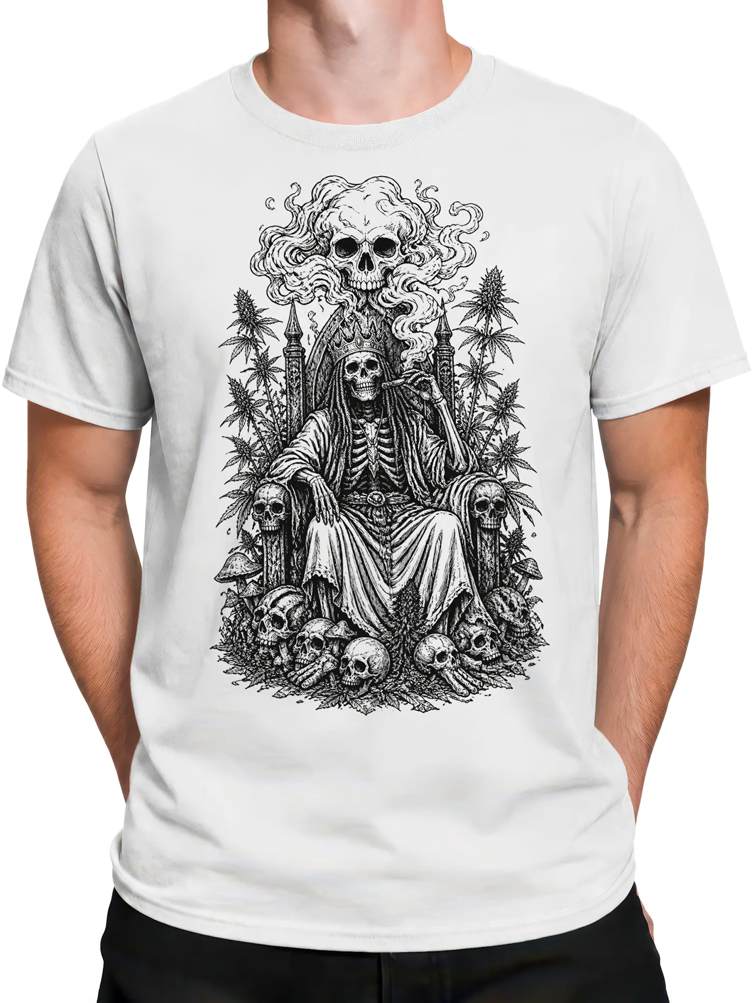 Male torso wearing a white gothic skull T-shirt with a skeletal ruler seated on an ornate throne and surrounded by botanical details