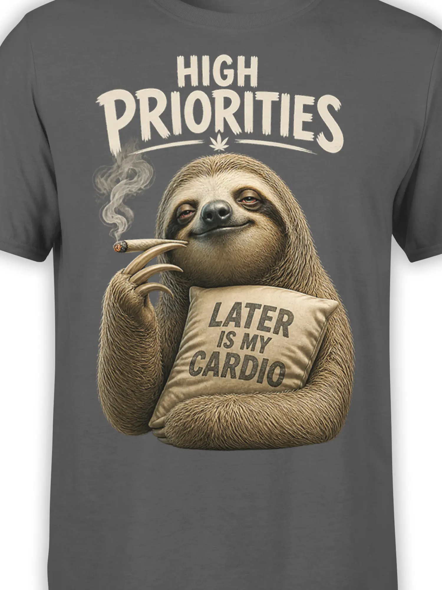 Close-up of sleepy sloth artwork, rolled joint, and “Later Is My Cardio” pillow on gray fabric