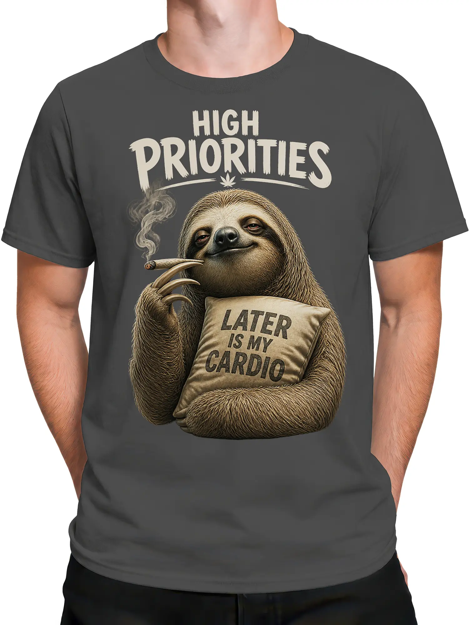 Male torso wearing a charcoal gray sloth T-shirt with “Later Is My Cardio” artwork