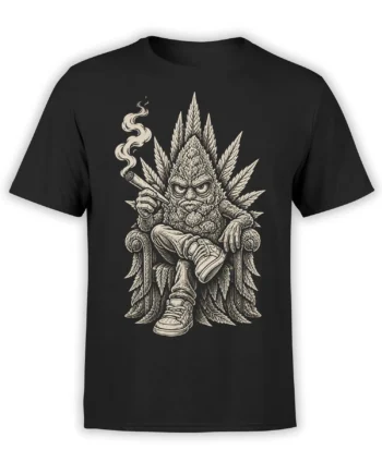 Black cannabis t-shirt with a seated leafy creature holding a smoking joint and wearing sneakers