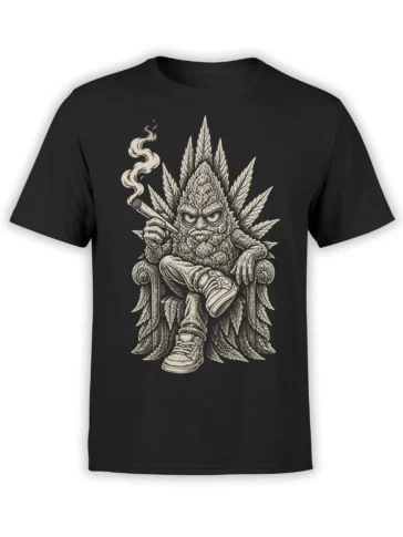 Black cannabis t-shirt with a seated leafy creature holding a smoking joint and wearing sneakers