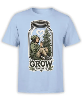 Light blue cannabis t-shirt with vintage jar artwork, leafy plants, heart-shaped smoke, and Grow Kindness text