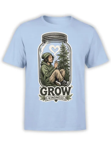 Light blue cannabis t-shirt with vintage jar artwork, leafy plants, heart-shaped smoke, and Grow Kindness text