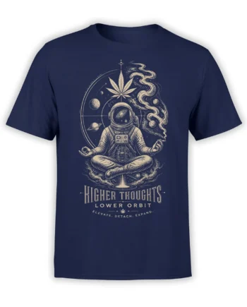 Meditiating astronaut and cannabis leaf graphic with planets and Higher Thoughts text on a navy T-shirt