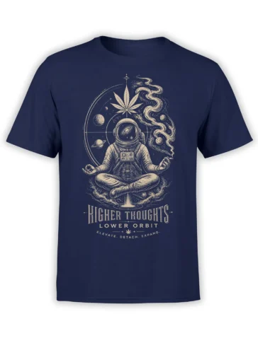 Meditiating astronaut and cannabis leaf graphic with planets and Higher Thoughts text on a navy T-shirt