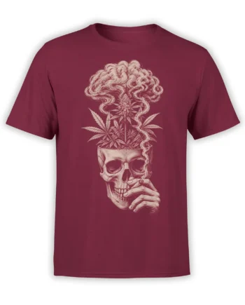 Vintage cannabis skull design with curling smoke and a skeletal hand printed on a burgundy T-shirt