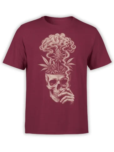 Vintage cannabis skull design with curling smoke and a skeletal hand printed on a burgundy T-shirt