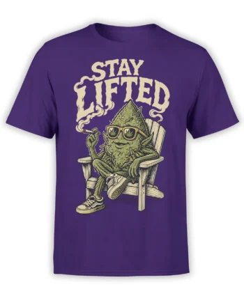Purple T-shirt with a relaxed green cannabis character, leaf sunglasses, joint, and bold “STAY LIFTED” lettering