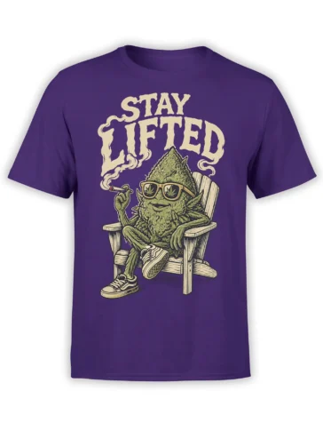 Purple T-shirt with a relaxed green cannabis character, leaf sunglasses, joint, and bold “STAY LIFTED” lettering
