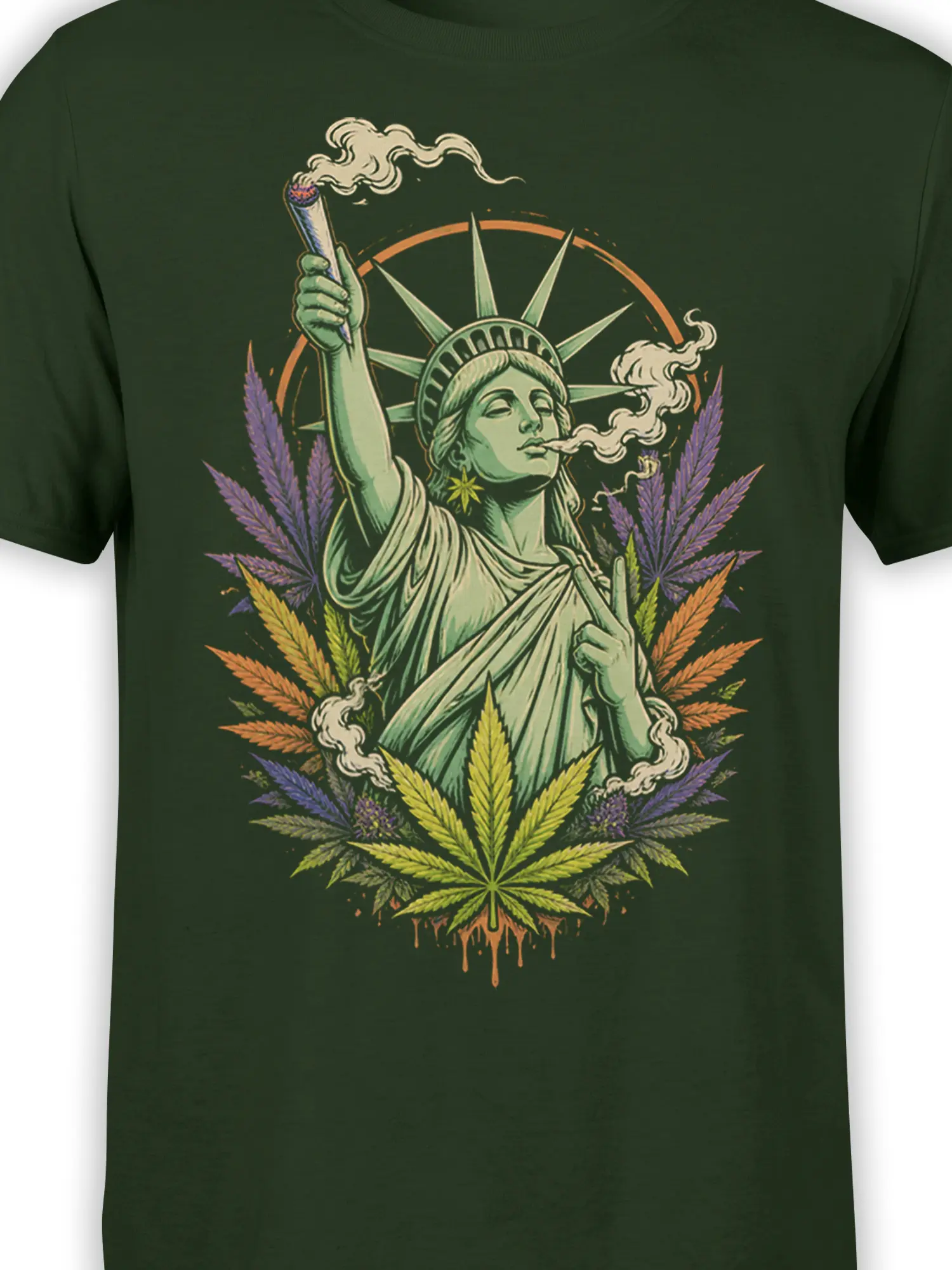 Close-up of liberty figure, smoking joint, drifting smoke, and colorful cannabis leaves on a green T-shirt