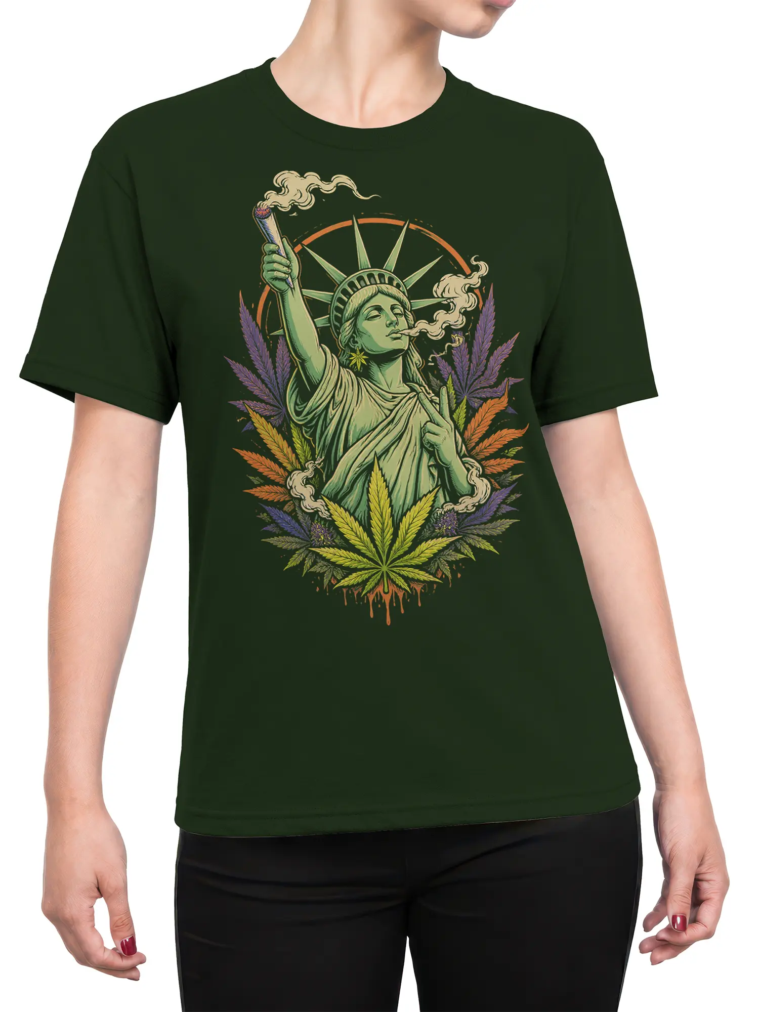 Female torso wearing a dark green T-shirt with a vintage liberty figure and colorful cannabis leaf artwork