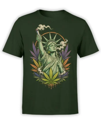 Vintage liberty figure holding a smoking joint with colorful cannabis leaves on a dark green 420 T-shirt