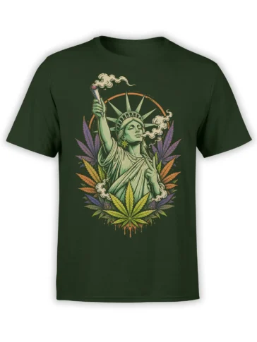 Vintage liberty figure holding a smoking joint with colorful cannabis leaves on a dark green 420 T-shirt