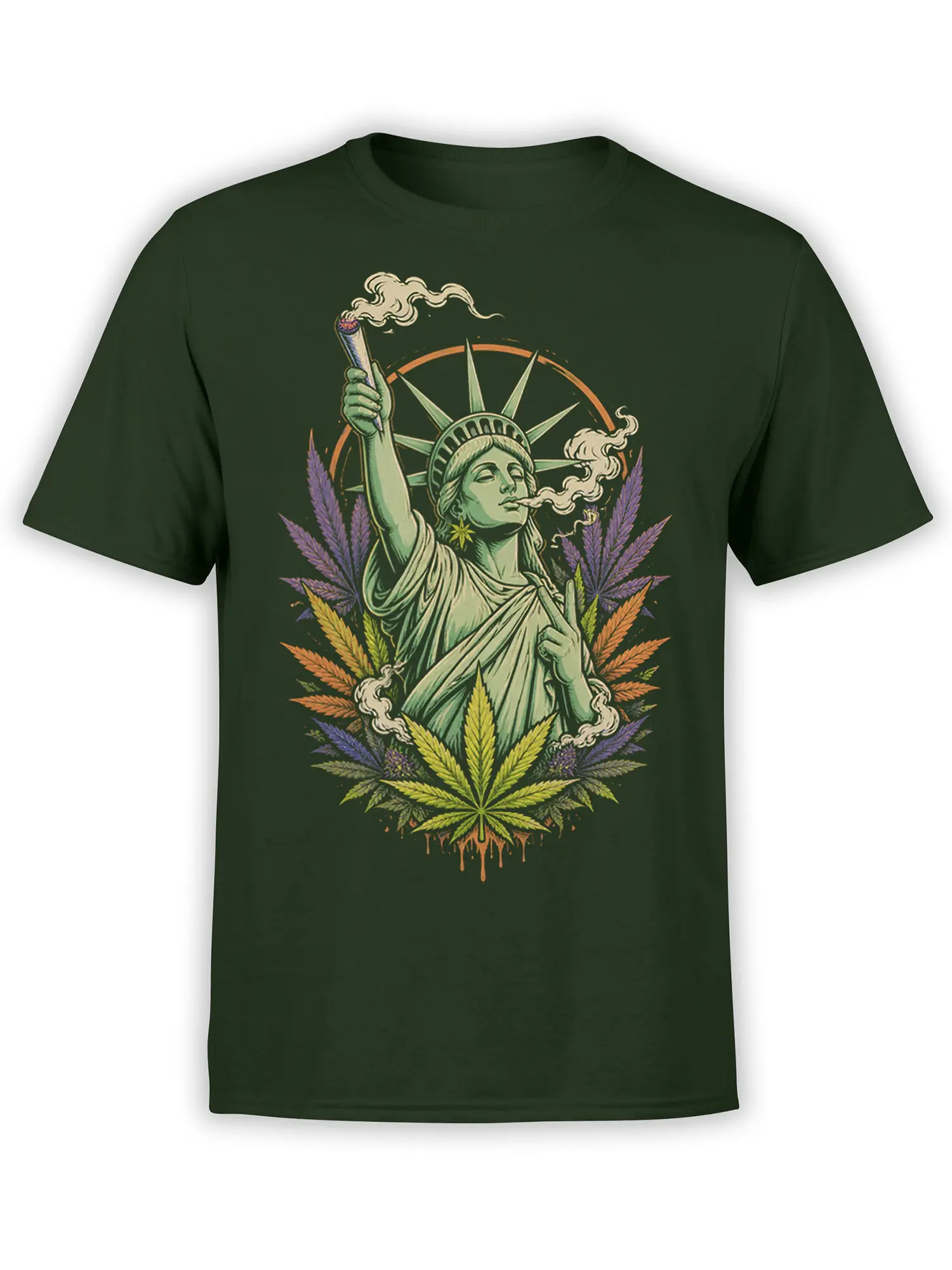 Vintage liberty figure holding a smoking joint with colorful cannabis leaves on a dark green 420 T-shirt