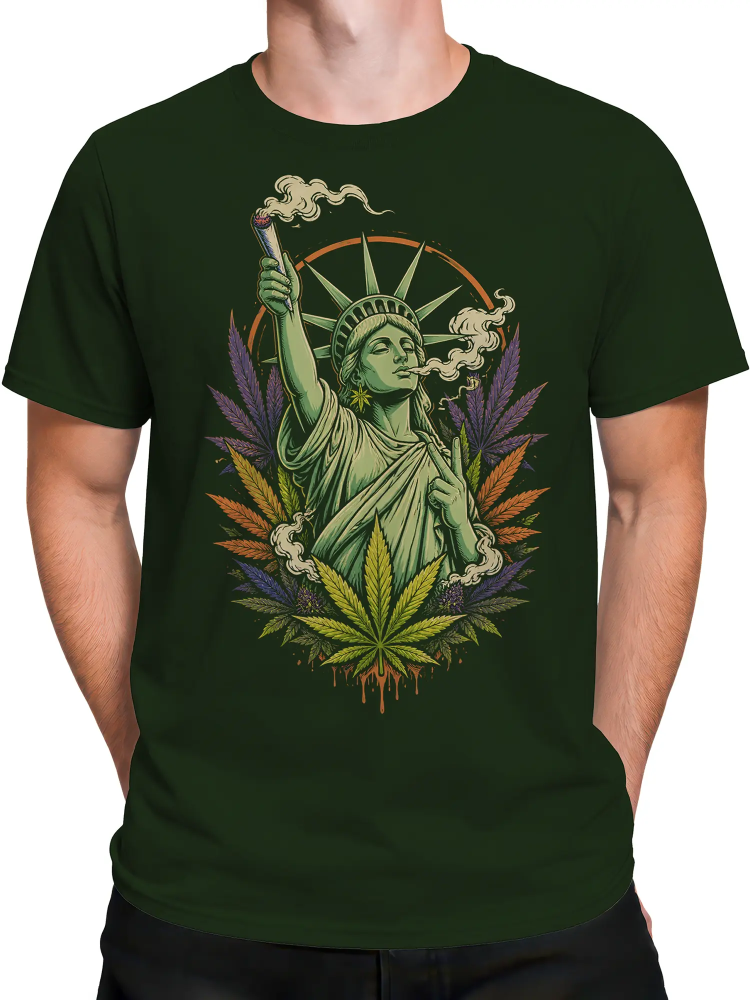 Male torso wearing a dark green 420 T-shirt with liberty figure and cannabis leaf artwork