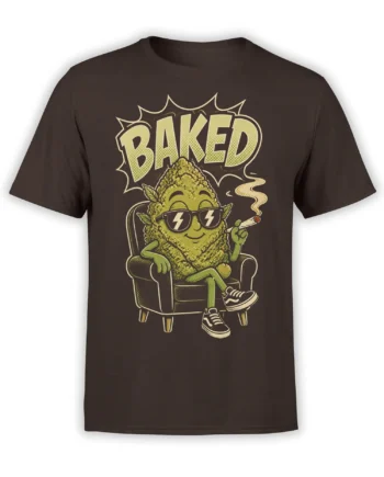 Brown cannabis T-shirt with a relaxed green character in sunglasses, a joint, and bold BAKED lettering