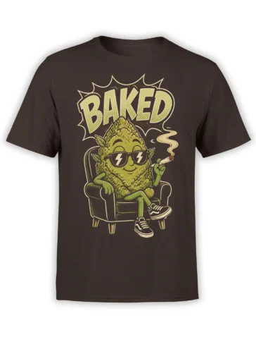 Brown cannabis T-shirt with a relaxed green character in sunglasses, a joint, and bold BAKED lettering