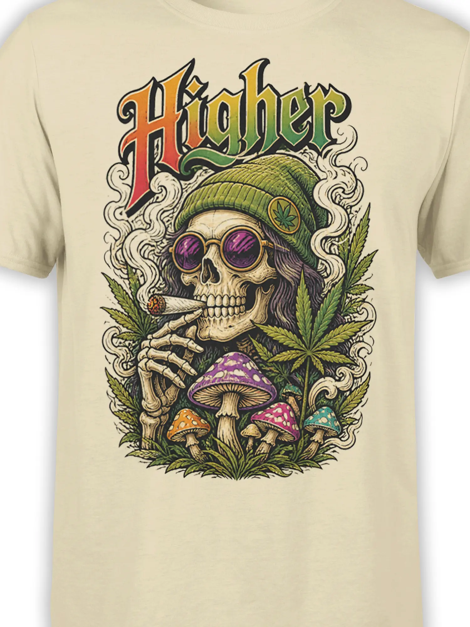 Close-up of Higher skeleton artwork with sunglasses, green cap, smoke, leaves, and mushrooms on a beige T-shirt