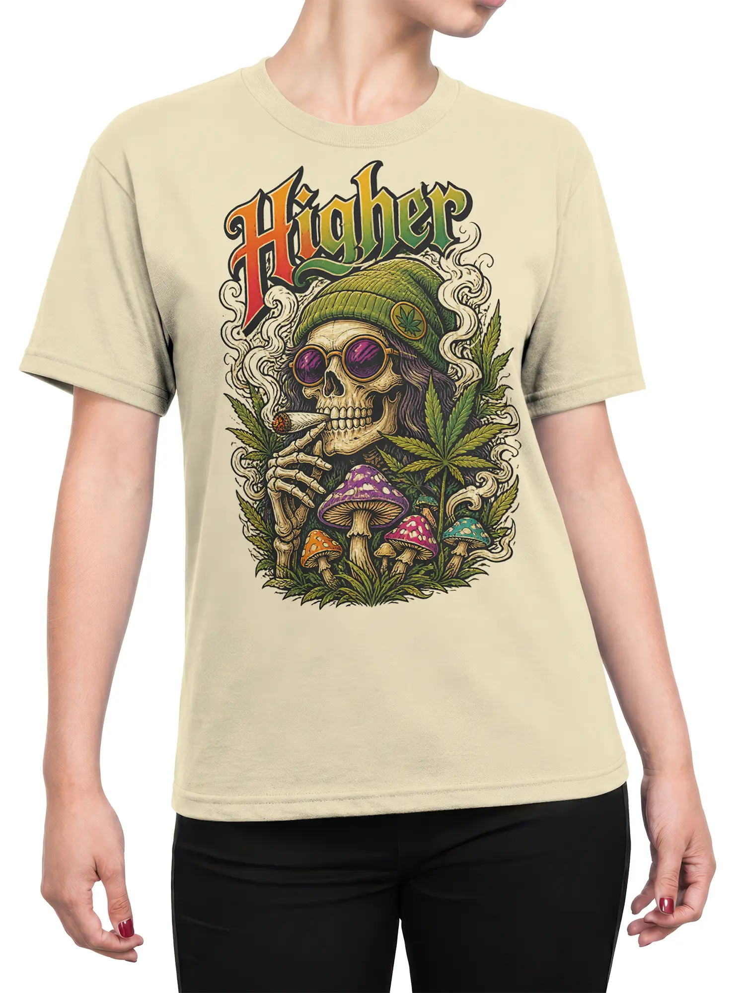 Female torso wearing a beige Higher skeleton T-shirt with psychedelic mushrooms, leafy plants, smoke, and bold vintage lettering